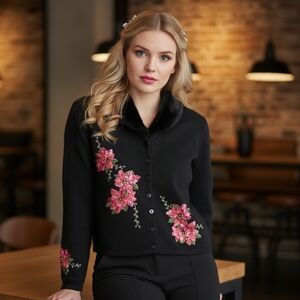 Heirloom Collectibles Poinsettia Embroidery with Sequins Removable Fur Collar